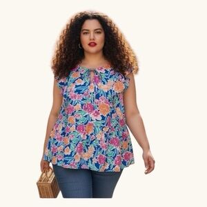 Emily Wonder Plus Size 2X Floral Ruffle Peplum Top NWT Blue Pink Orange